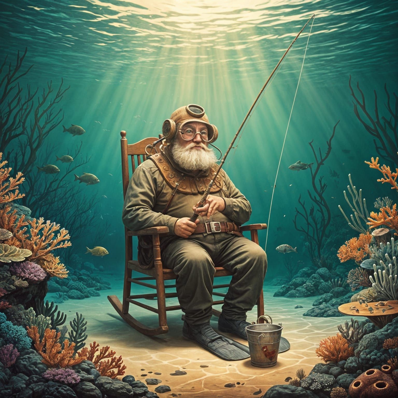 Underwater Fisherman in Dreamlike Style