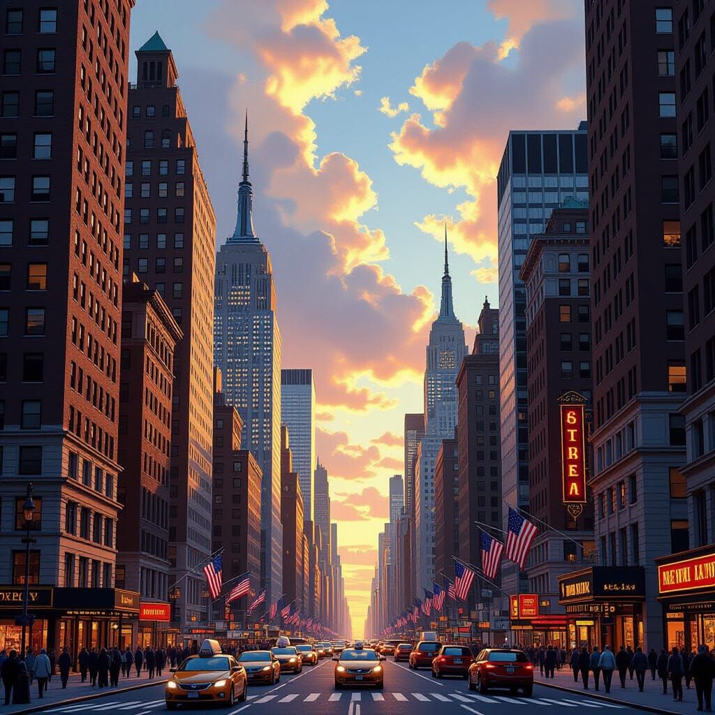 Bustling NYC Street at Golden Hour