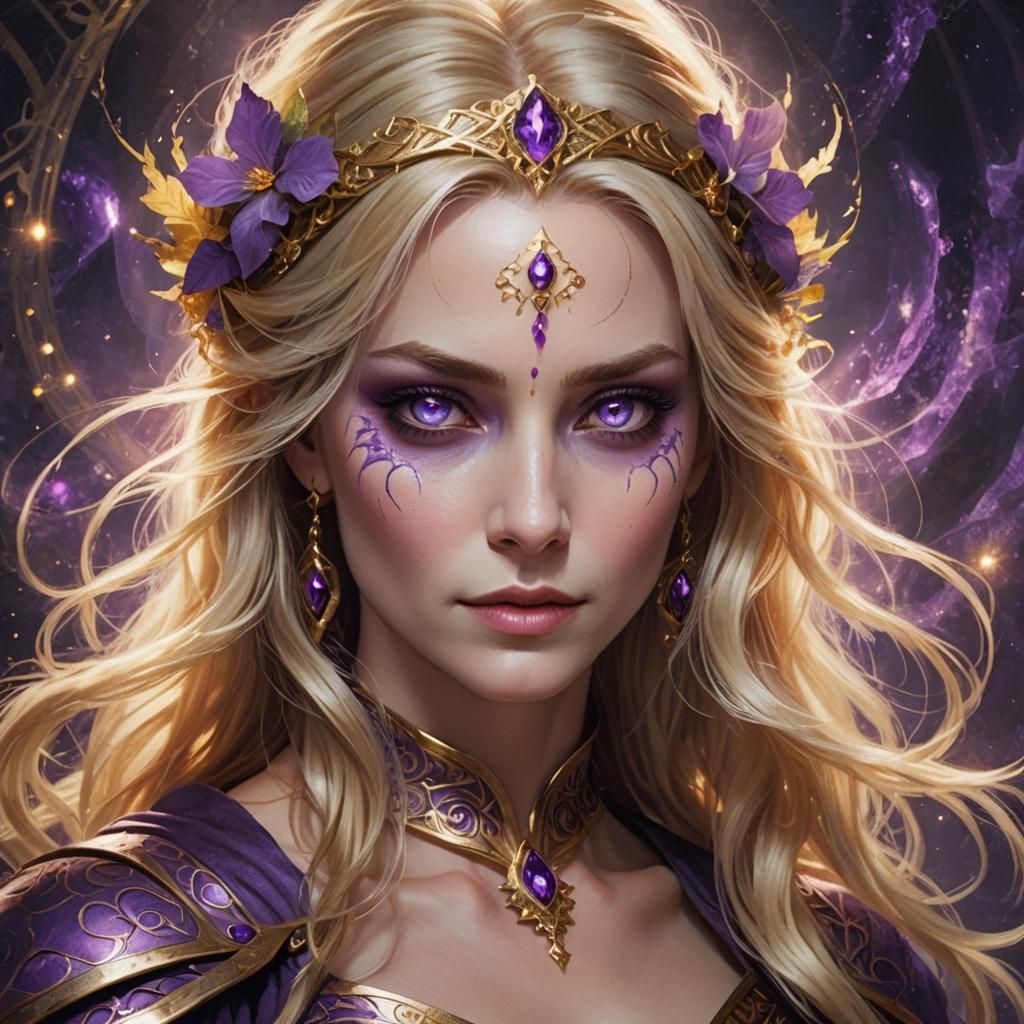 A middle-aged enchantress, youthful looking, light golden ha...