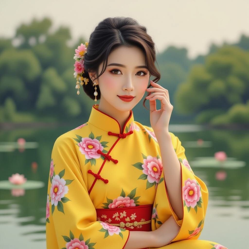 Young Woman in Qipao by Lotus Pond, Art Nouveau Style