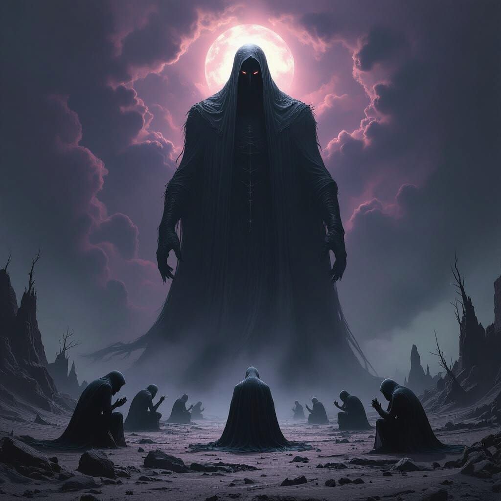 Forgotten Deity's Shadow Over Desolate Landscape