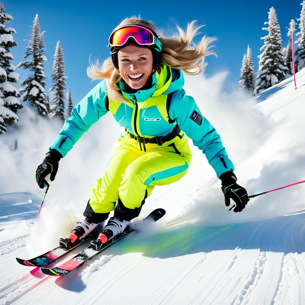 Woman in Neon Ski Suit on Mogul Run