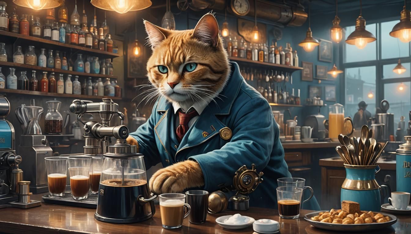 Cat Bartender Concept Art in Dreamy Matte Style