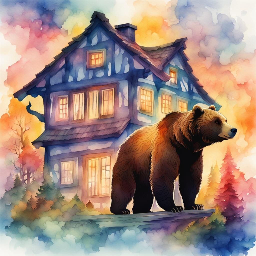 Wise Bear and Cozy Cottage: Digital Watercolor Illustration