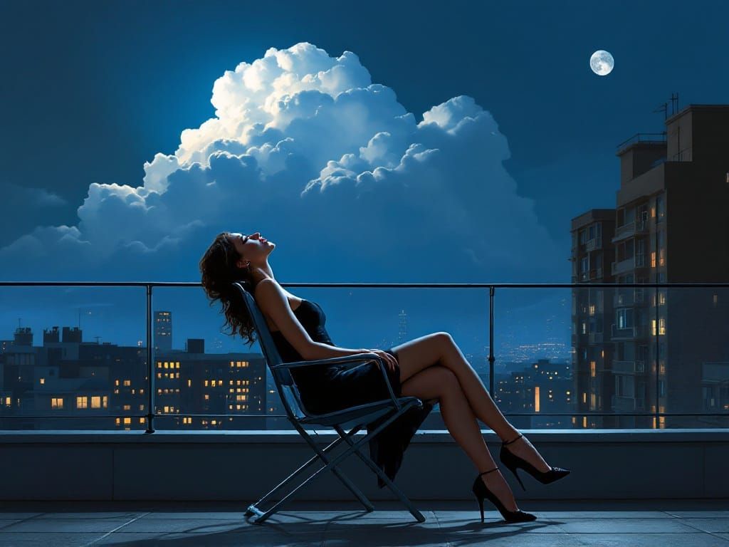Ethereal Nighttime Cityscape with Woman in Repose
