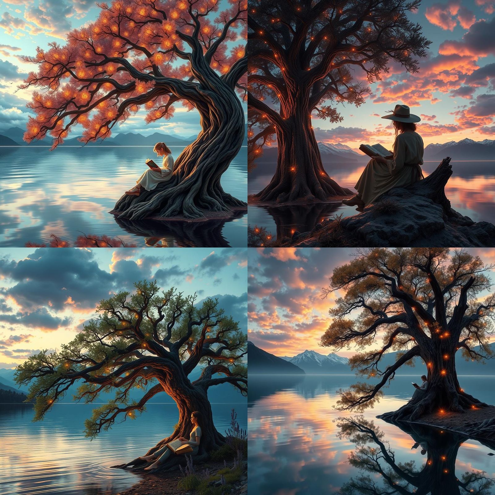 Magical Sunset Scene with Ancient Tree, Digital Painting