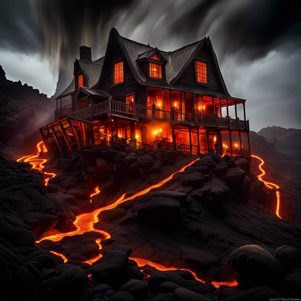 Volcanic Inn Cascades Molten Lava: Hyperrealistic Fantasy Ar...