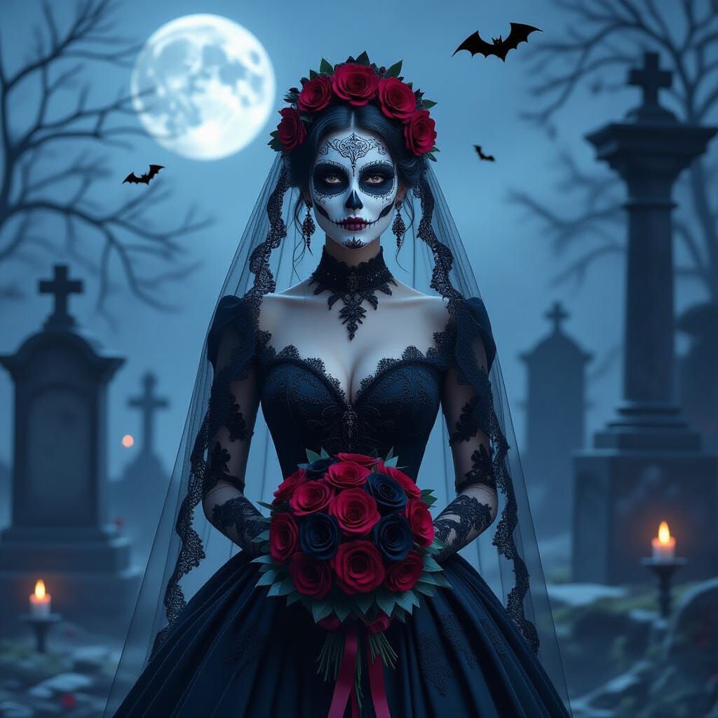 Gothic Bride in Moonlit Graveyard, Day of the Dead Style