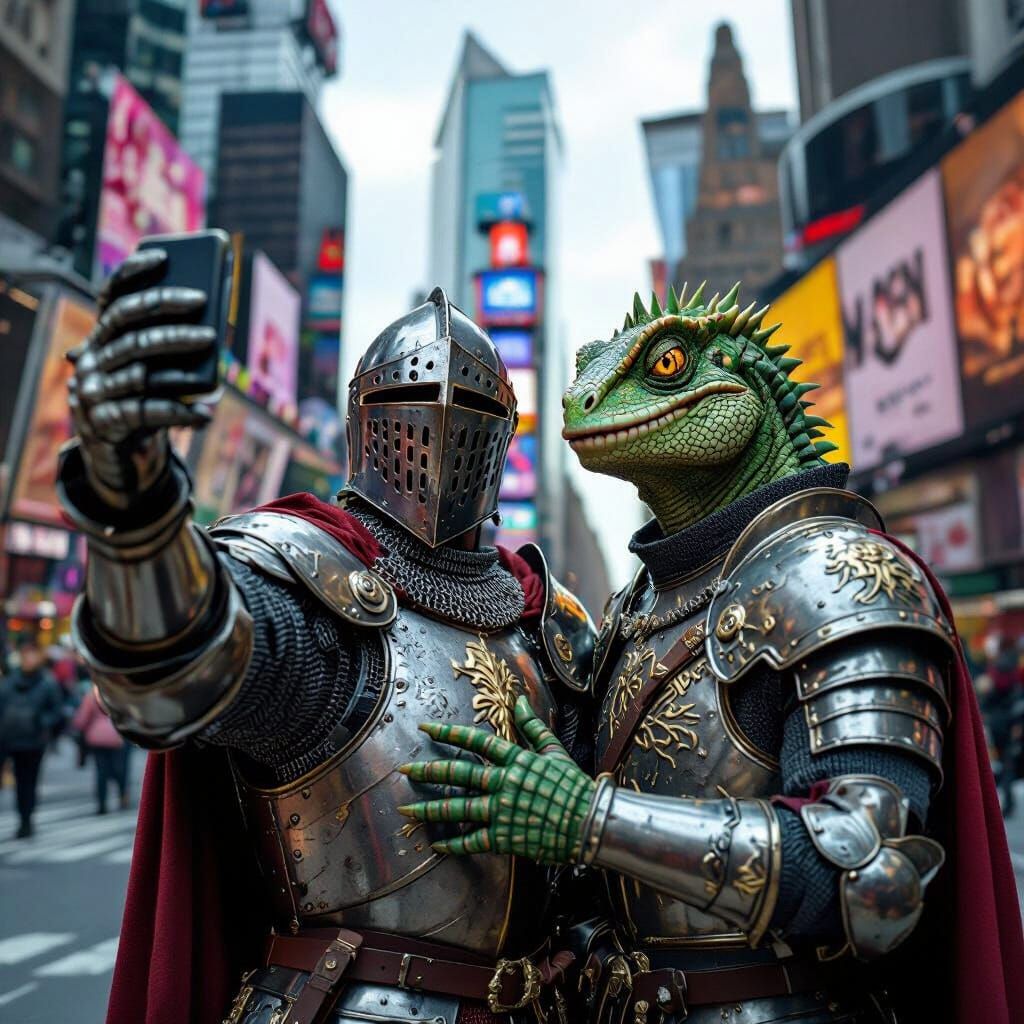 Knight Takes Selfie With Reptoid Alien in Times Square