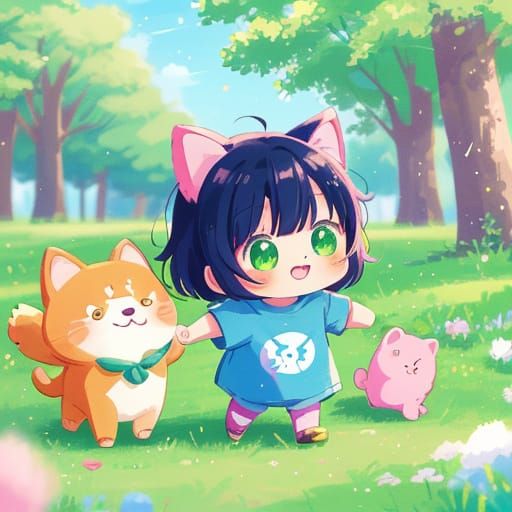 Kawaii Anime-Style Dog Wears Superhero T-Shirt