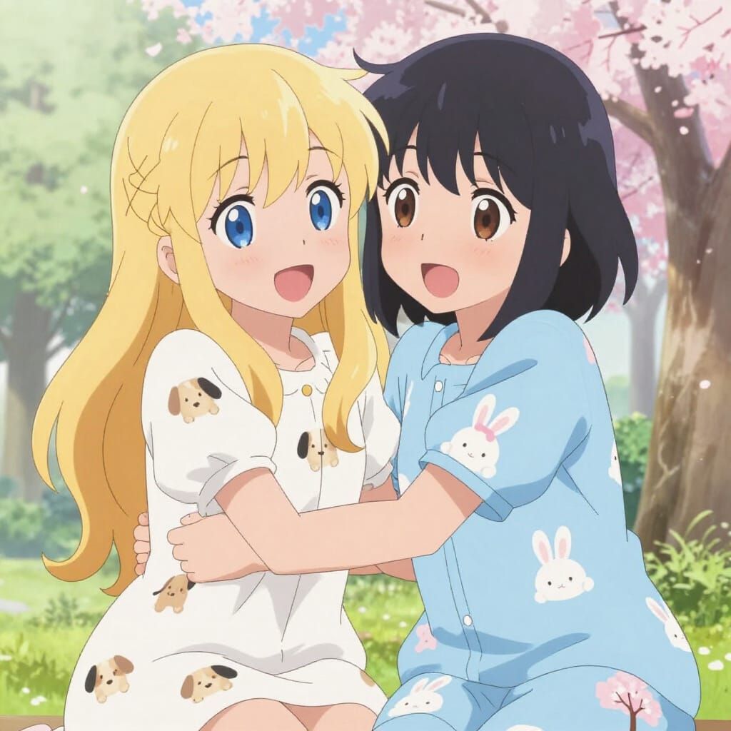 Cute Anime Friends Hugging in Floral Garden