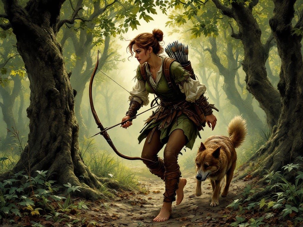 Medieval Hunter Emerges from Oak Forest in Marvel Comic Styl...