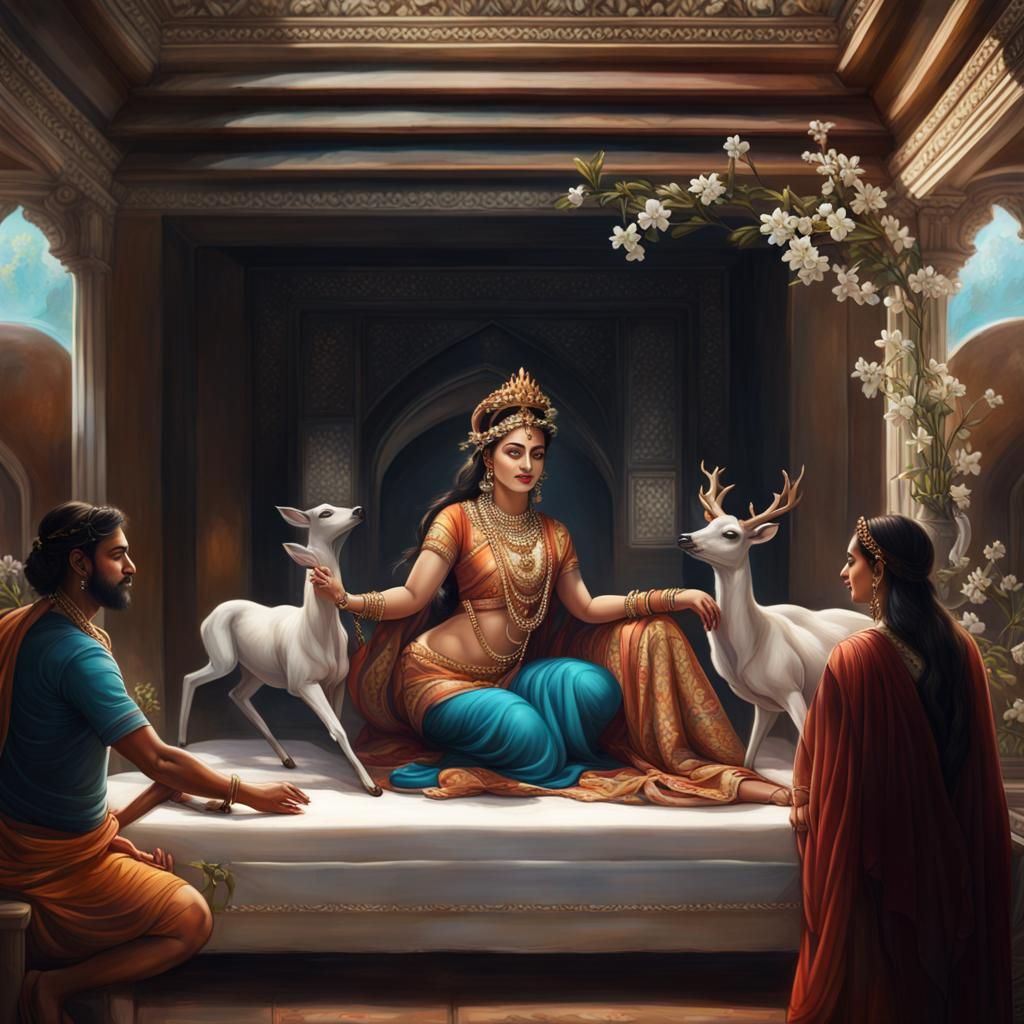Goddess Sita in Ashokavanam Garden, Detailed Matte Painting
