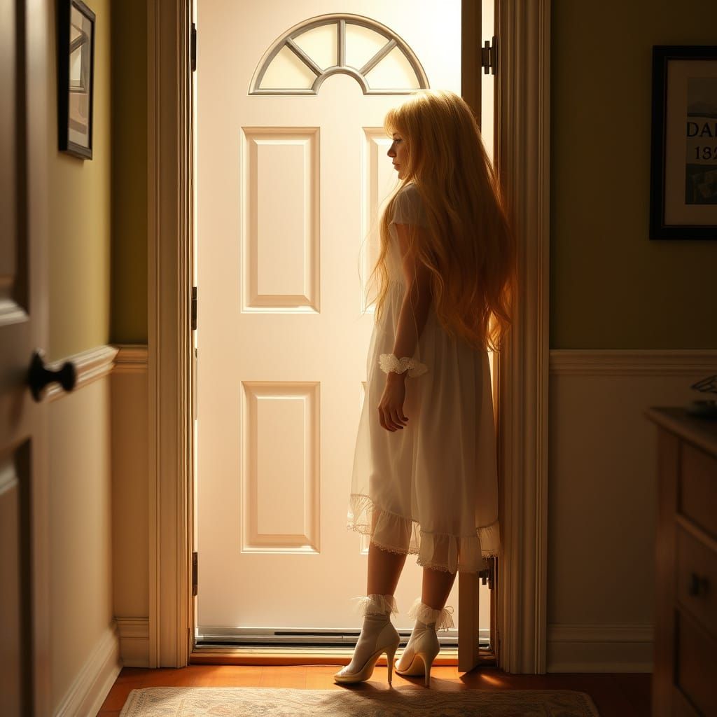 Crossdressed Young Person Answering Door