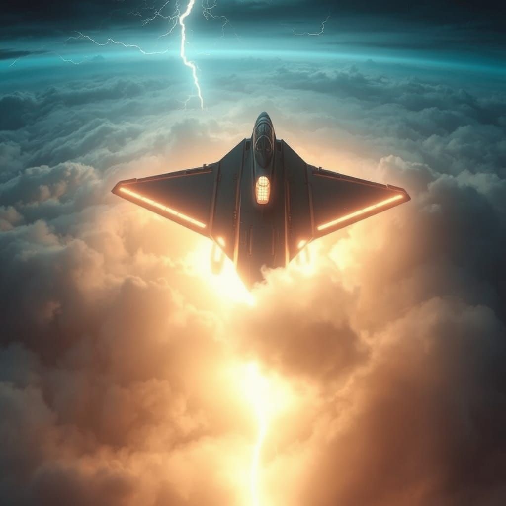 Futuristic Aircraft Generating Energy in Stormy Skies