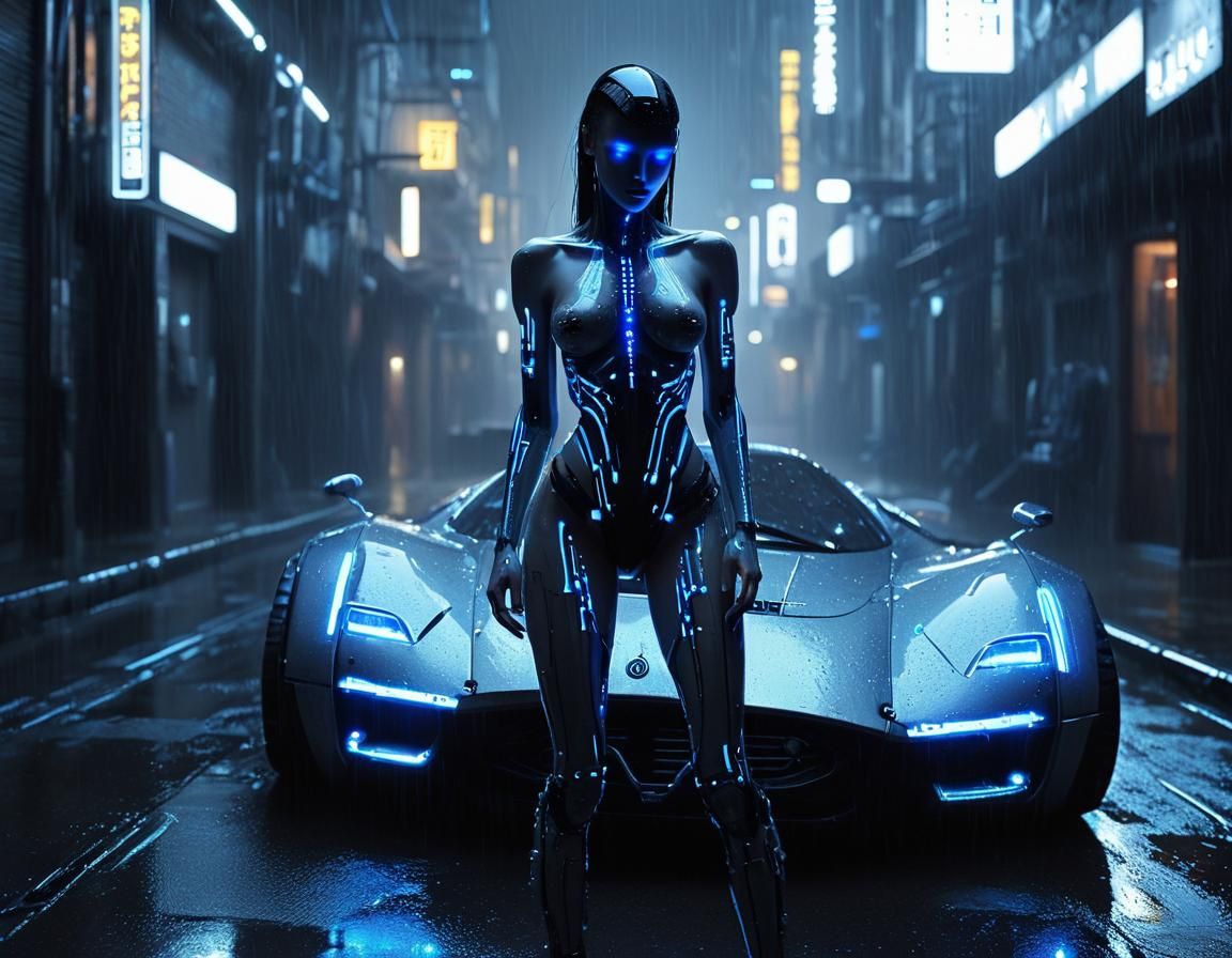Cyberpunk Femme Fatale in Rainy City Alley