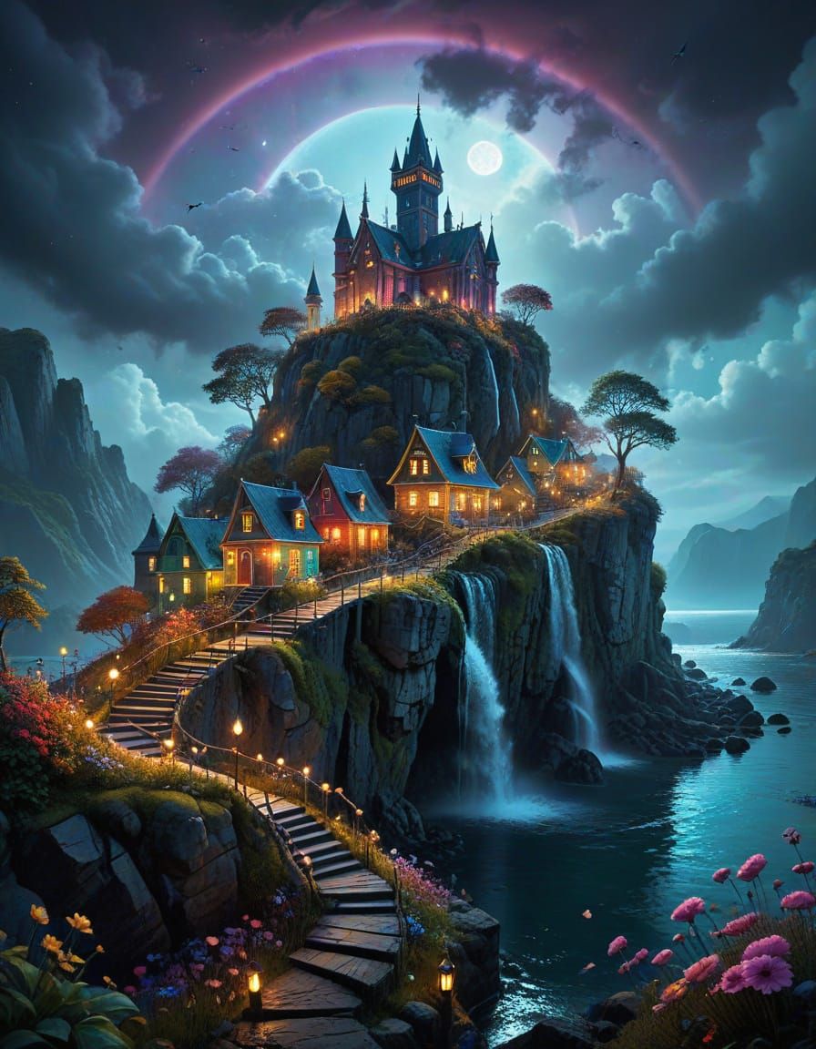 Floating Rainbow Village: A Surreal Landscape