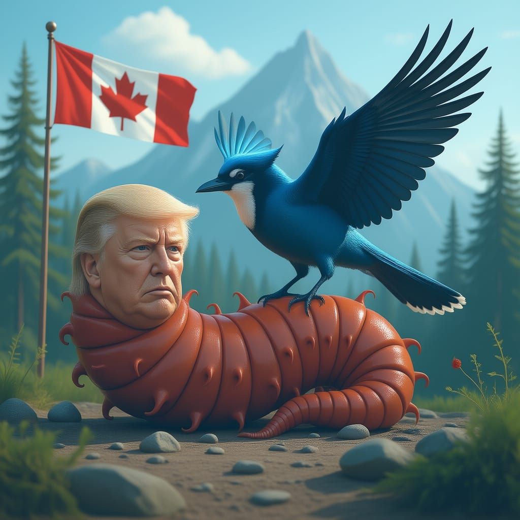 Trump Face Worm Eaten by Blue Jay with Canadian Flag