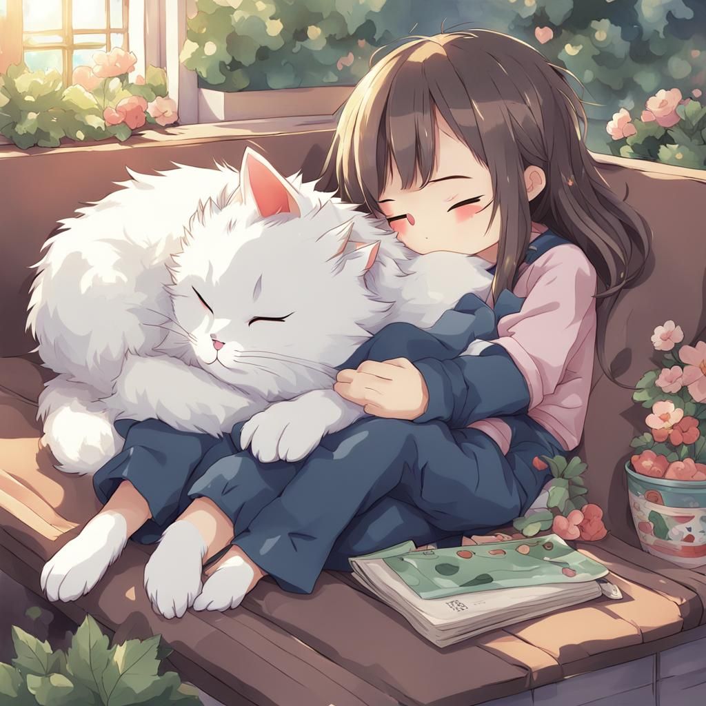Fluffy Cat Napping on Girl's Lap in Anime Style