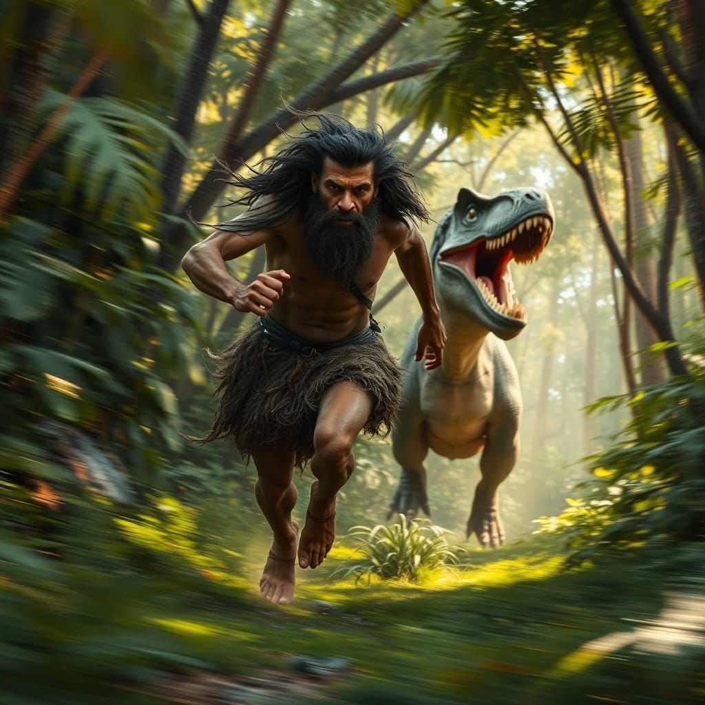 Neanderthal Chase in Lush Jungle, Hyperrealistic Paleo-Art