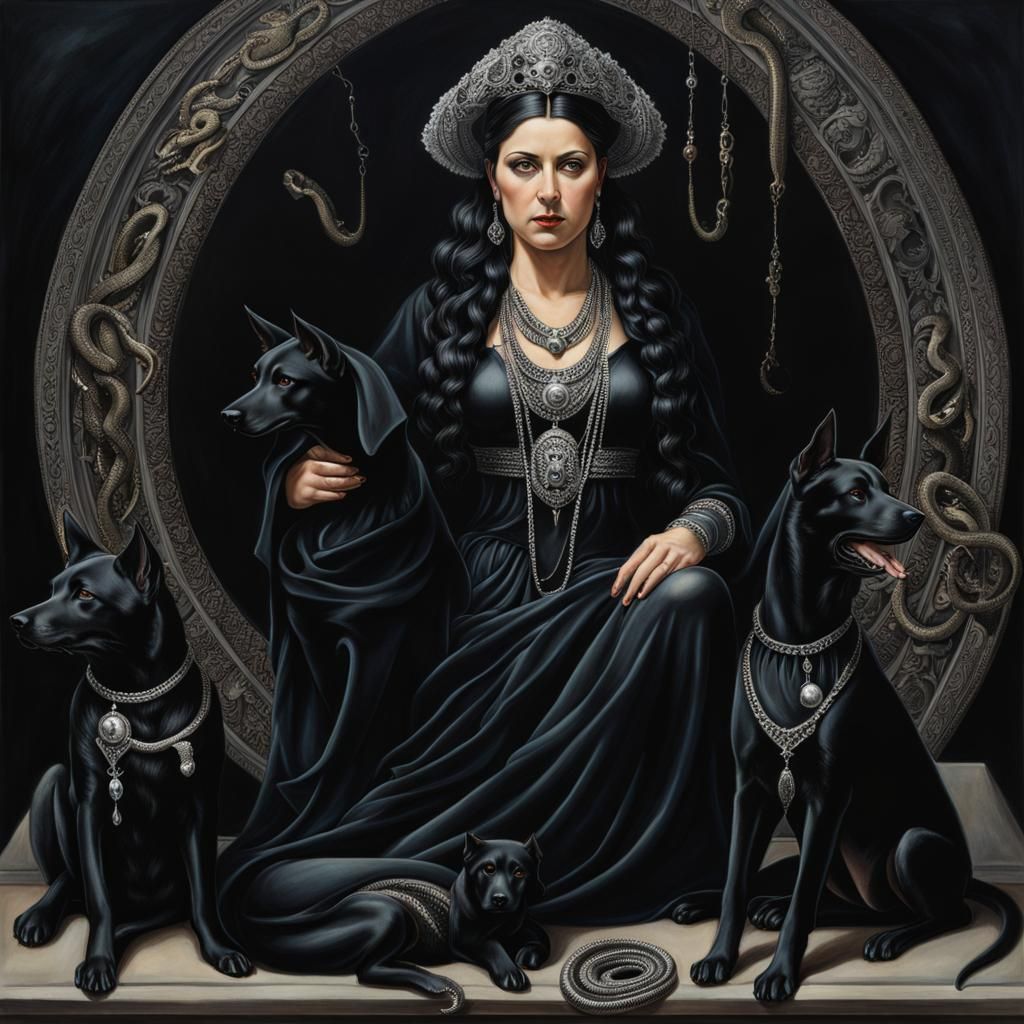 Goddess Hecate Portrait with Hounds in Hyperrealism