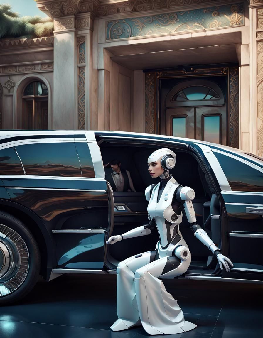 A robotic butler opens the car door for a futuristic limo passenger in front of a villa on the moon.   head and shoulder...