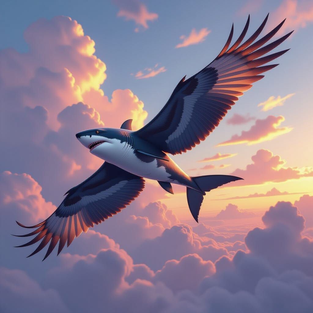 Majestic Shark-Falcon Hybrid Soars in Vibrant Sky