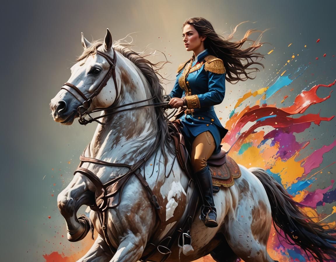 Hyperrealistic Girl Riding Horse in Splash Art Style