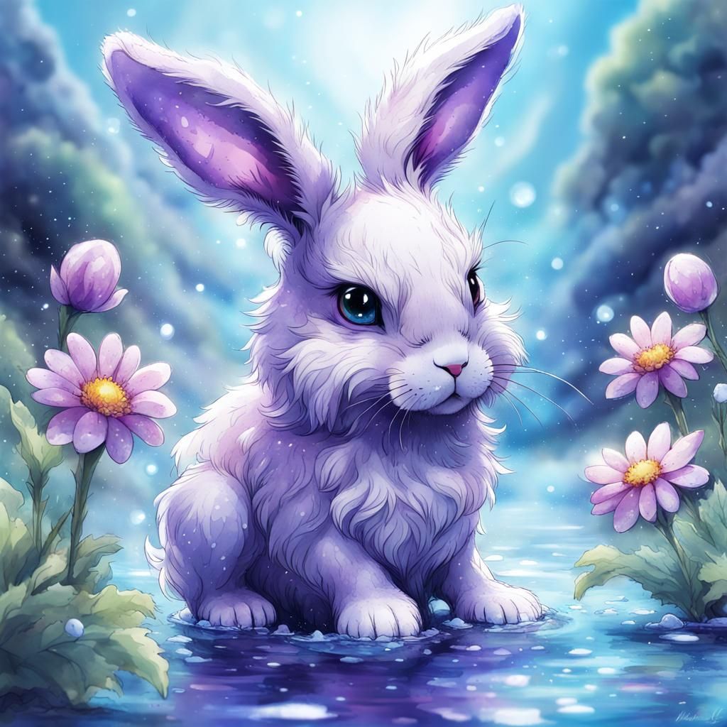 Anime Baby Bunny with Magical Flowers