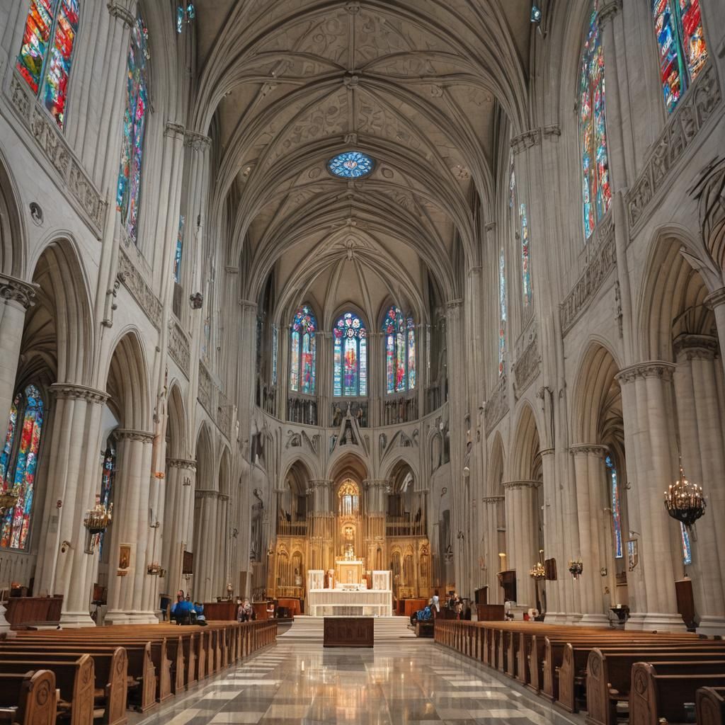 New York Cathedral Interior with Jesus and Stained Glass