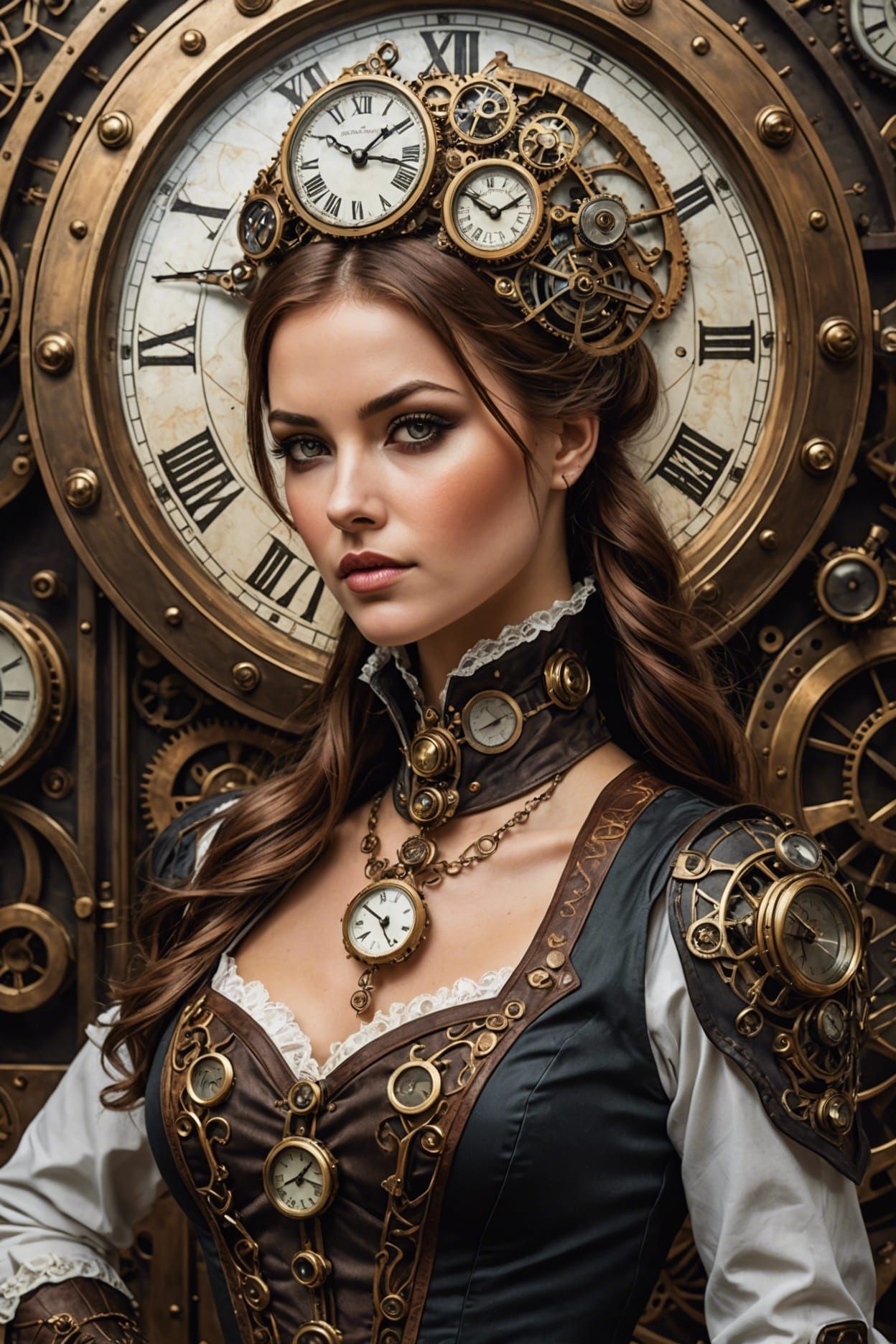 Elegant Steampunk Woman with Clockwork Background