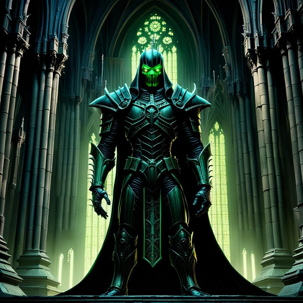 Gothic Cathedral Villain in Metallic Armor