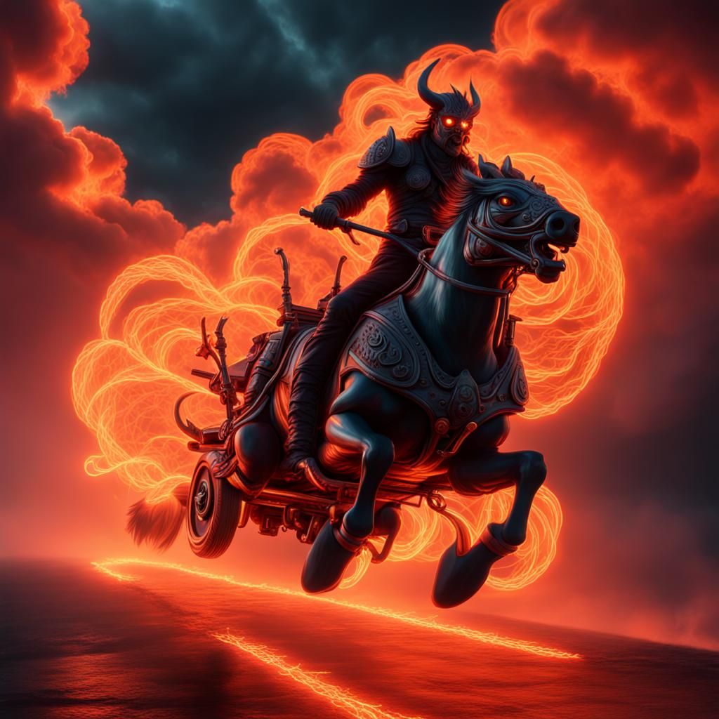 Hell Rider on Fire Chariot in Neon Landscape