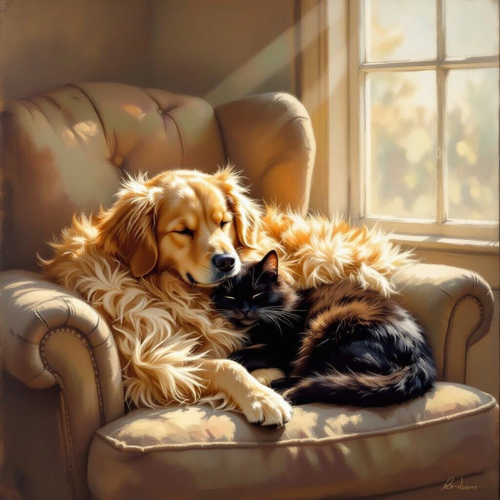Golden Retriever and Black Cat Cozy on Armchair