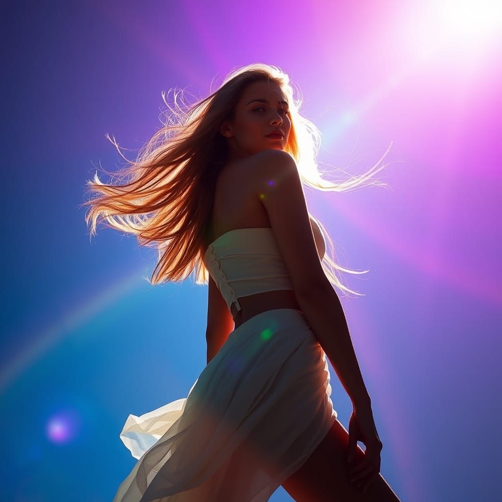 Radiant Woman with Rainbow Sky and Ethereal Glow