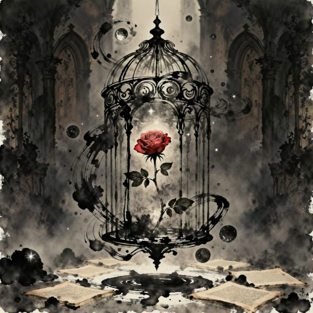 Macabre Ink Birdcage with Withered Rose in Gothic Chamber
