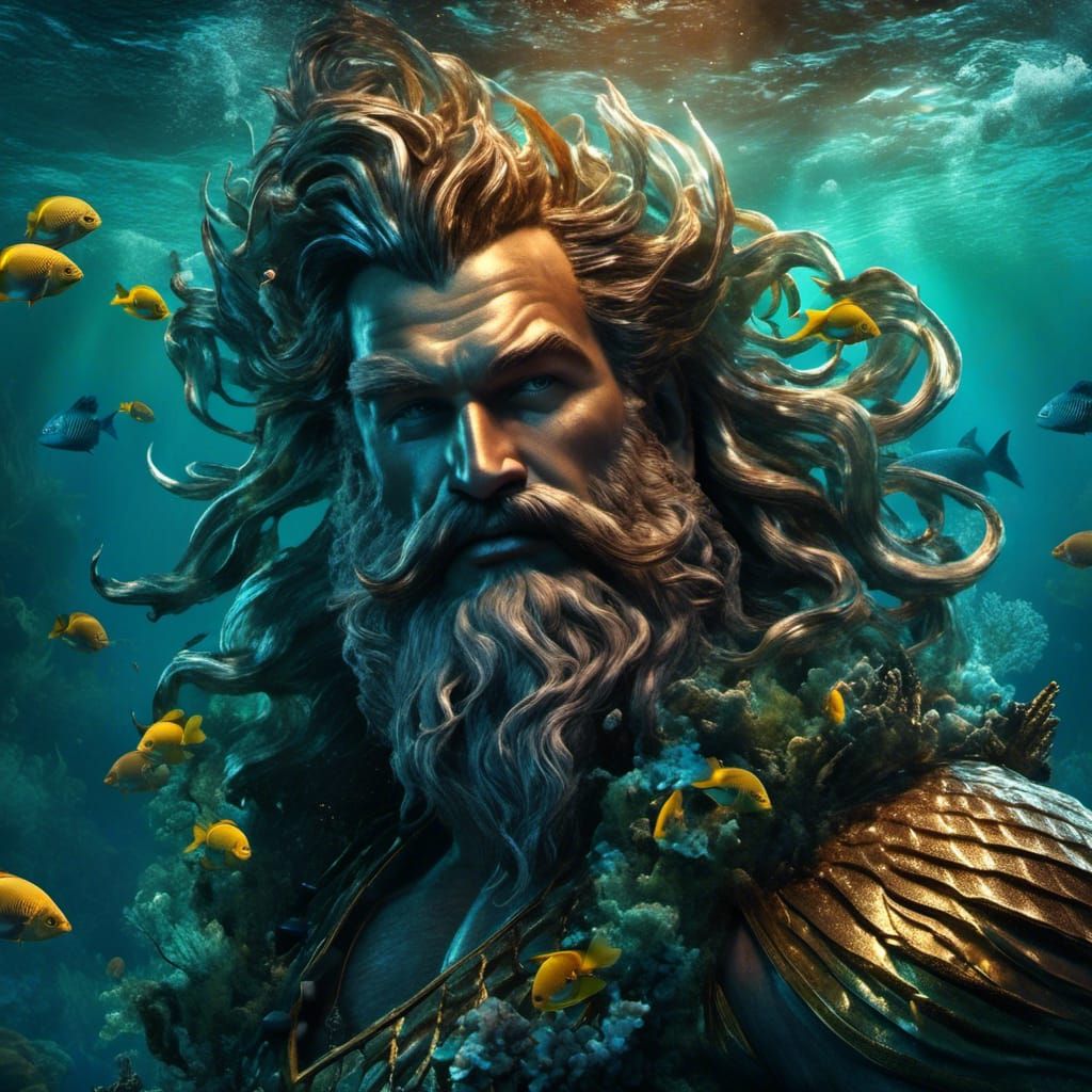 Heroic Poseidon as Merman in Coral Reef