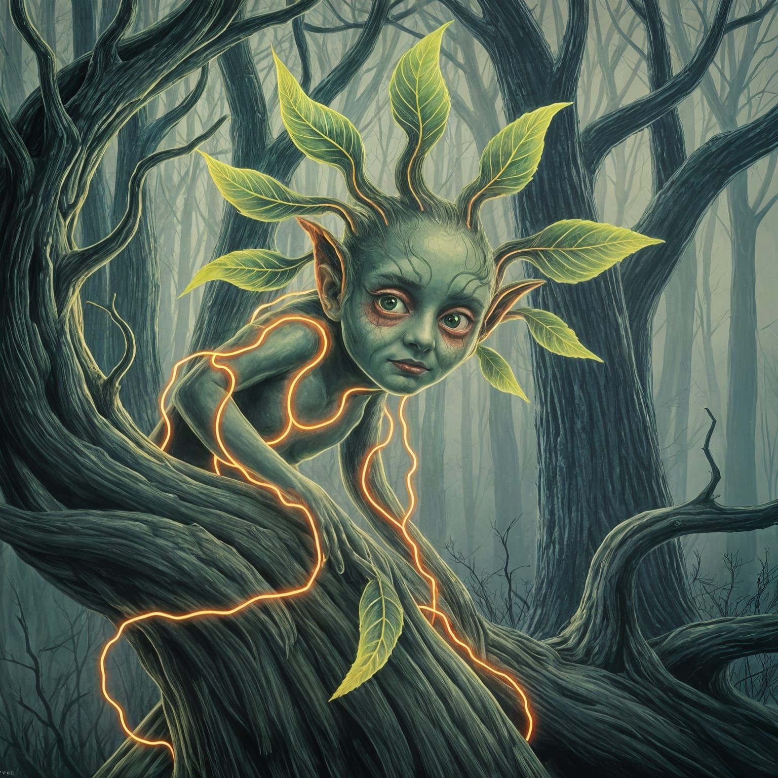 Neon Forest Spirit Emerges from Ancient Tree