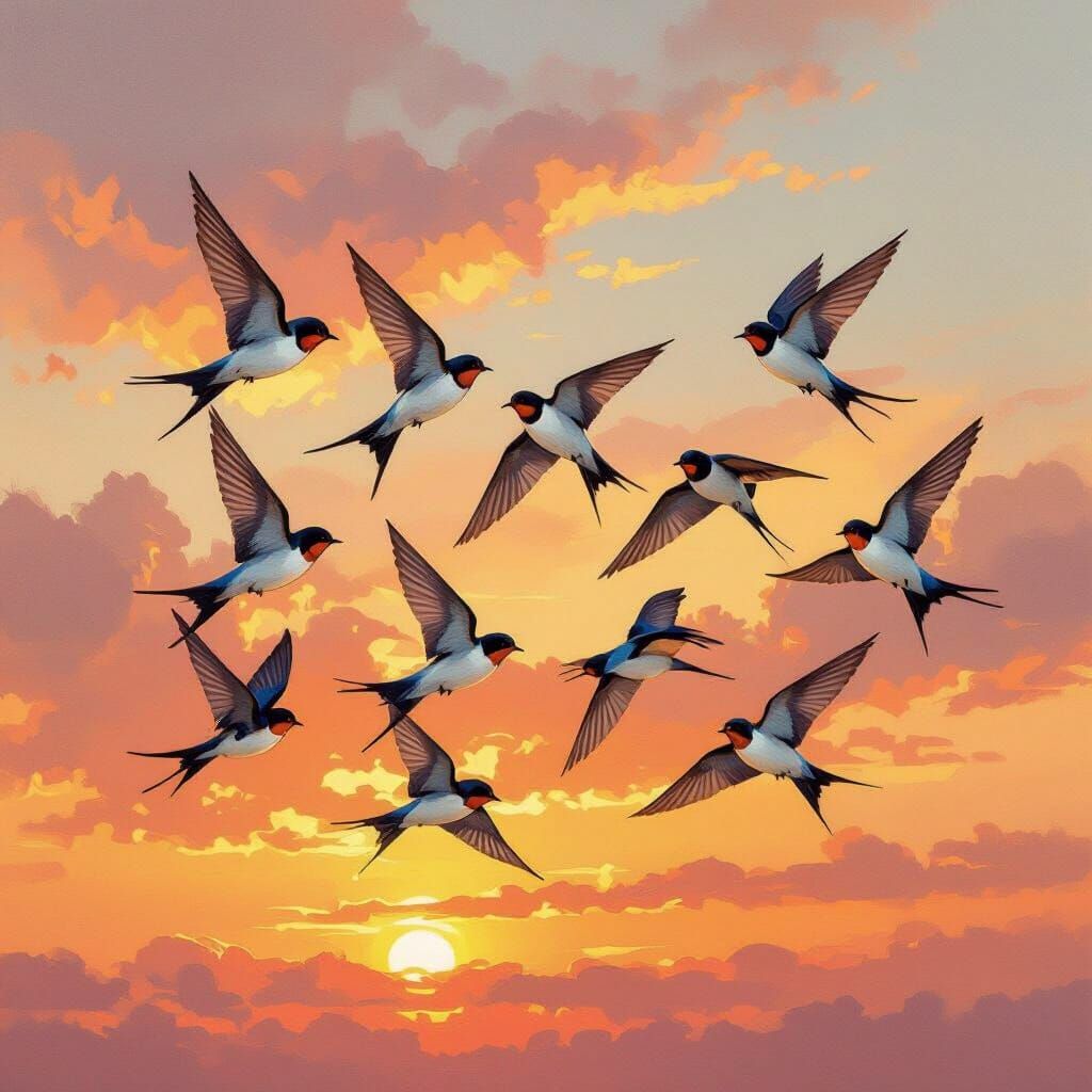 Elegant Swallows in Flight: Impressionistic Oil Painting