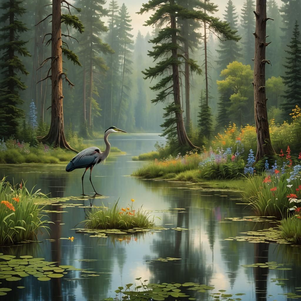 Misty Lake Heron in Naturalist Style