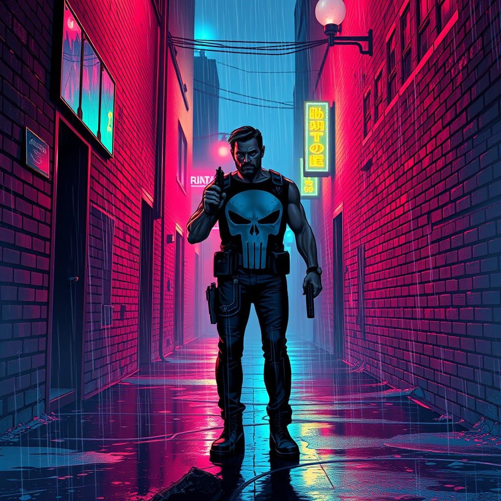 The Punisher Stands Tall in a Rainy Alleyway, Guns Drawn