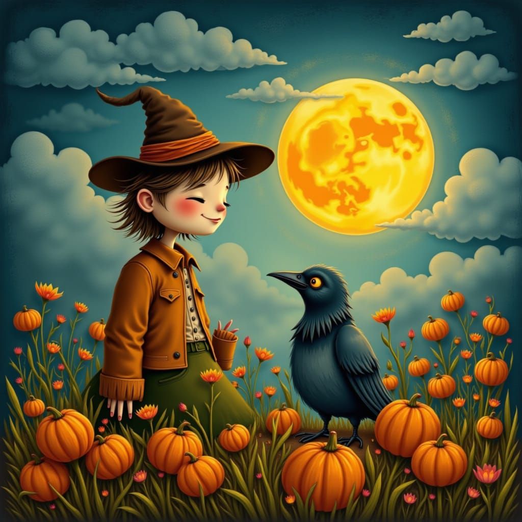 Cute Scarecrow Chats With Crow Under Harvest Moon