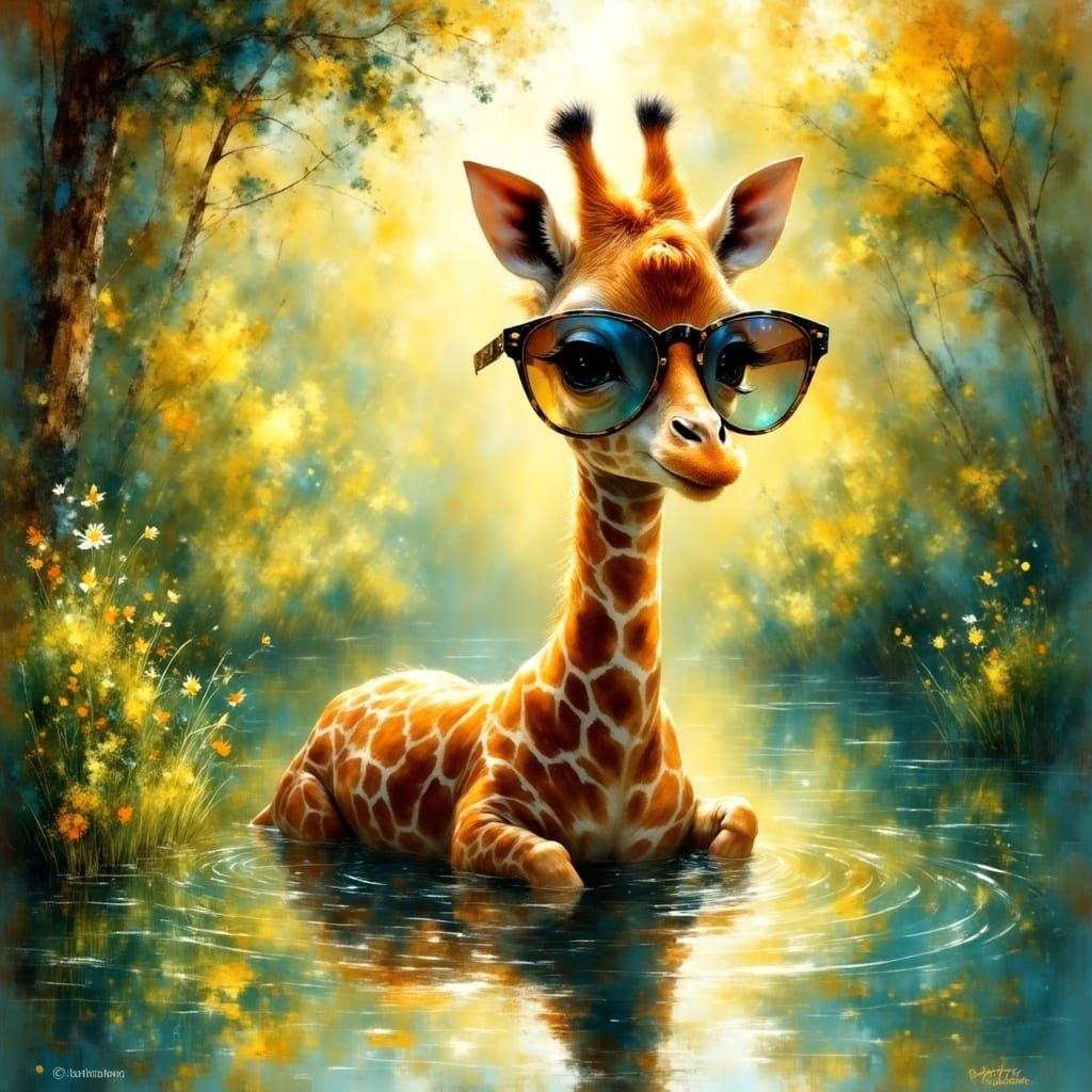 Giraffe with Sunglasses in Savannah Pond, Murakami Style