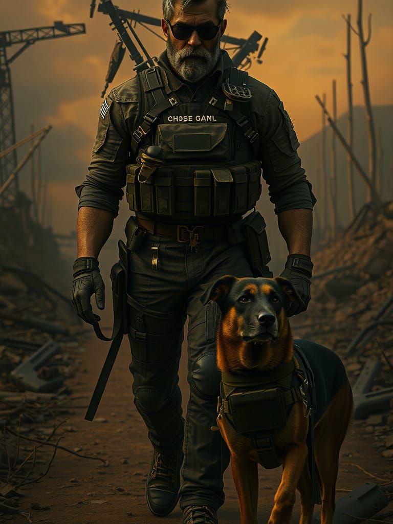 Post-Apocalyptic Man and Dog in Tactical Gear