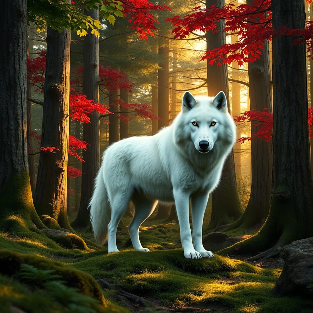 Majestic White Wolf in a Vibrant, Serene Forest