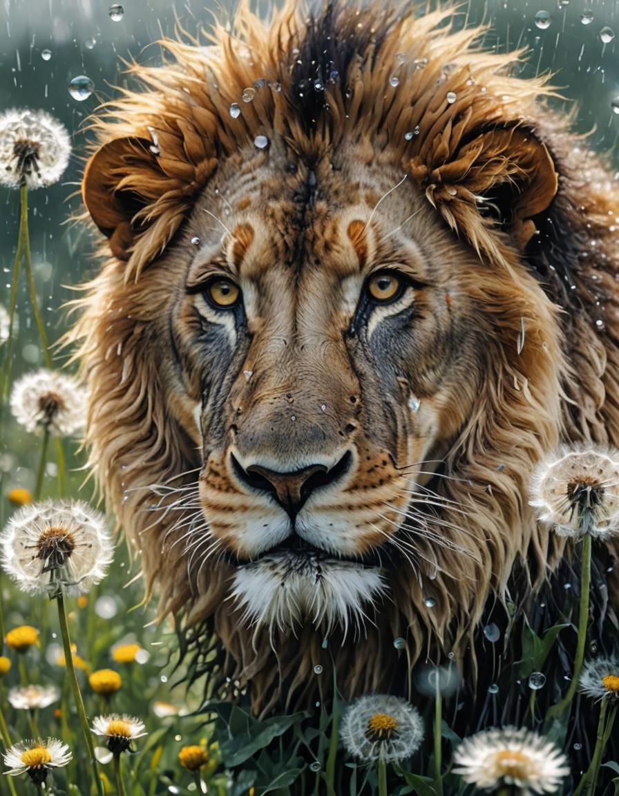 Lion and Dandelions Double Exposure in Hyperreal Style