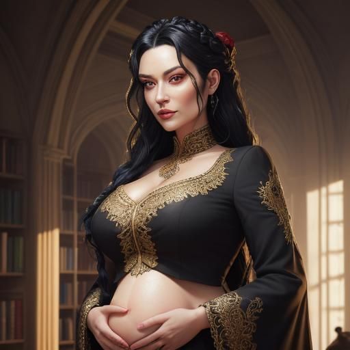 Pregnant Woman in Bookstore: Photorealistic Portrait
