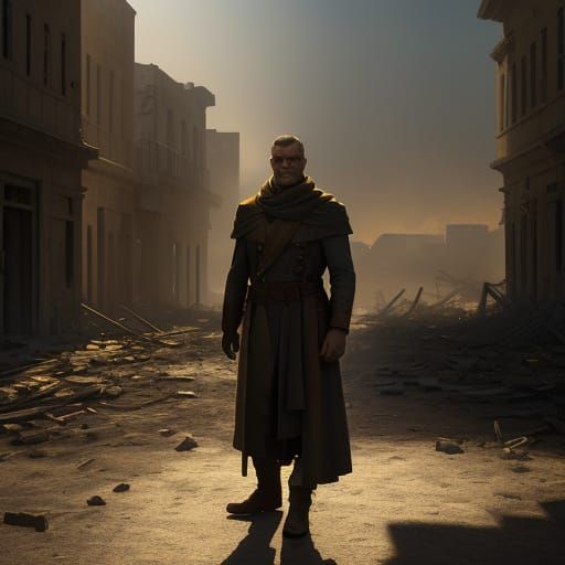 Philosopher in War-Torn City: Oil Painting Style