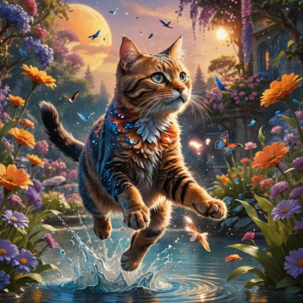 Glitter Cat Leaping for Bird, Fantasy Illustration
