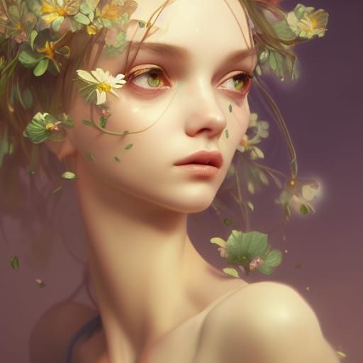 Detailed Flower Pixie Portrait in Art Nouveau Style